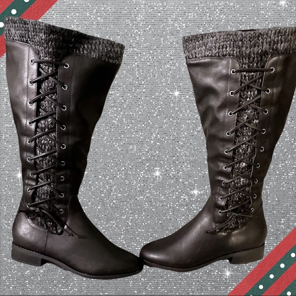 Torrid Black Faux Leather Sweater Criss-Cross Knee Boots Wide calf New in Box - Picture 8 of 13